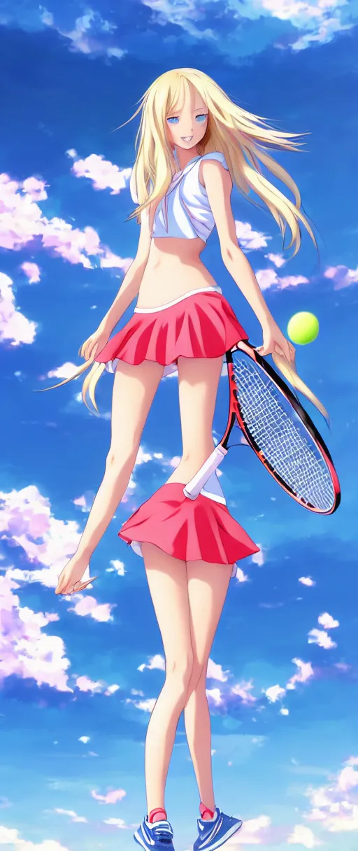 Image similar to a very beautiful young anime tennis girl, full body, long wavy blond hair, sky blue eyes, ( ( ( full round face ) ) ), short smile, bikini, miniskirt, front view, mid - shot, highly detailed, cinematic wallpaper by stanley artgerm lau
