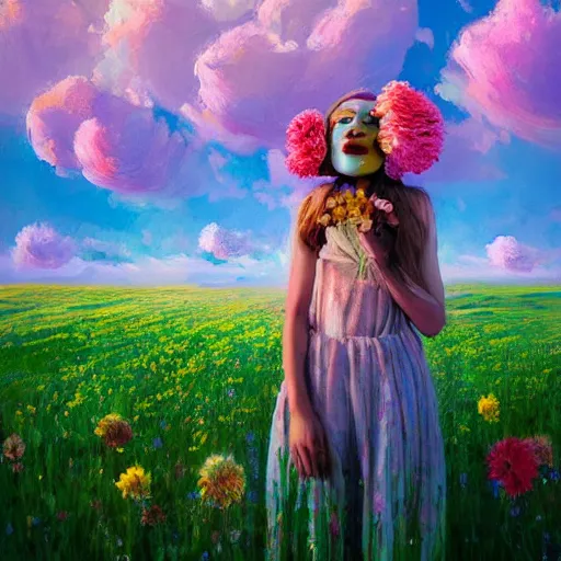 Image similar to girl with an blooming flower for a face, surreal photography, dream, standing in flower field, magical, in a valley, sunrise dramatic light, impressionist painting, colorful clouds, artstation, simon stalenhag, exploding flower face