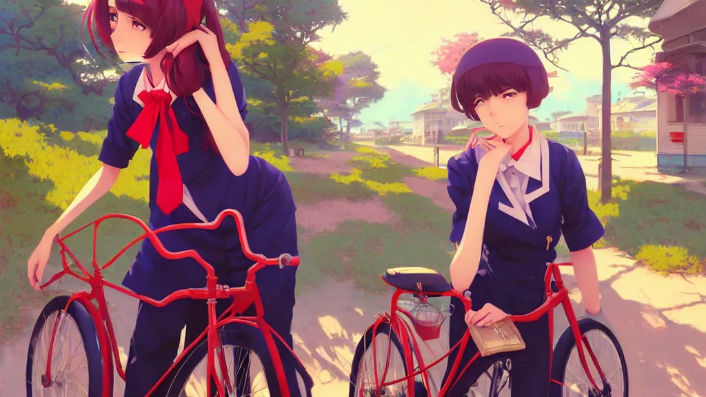 Prompt: anime noon scene, high detail concept art, perfect proportions fine face, girl with vintage bike, avant designer uniform, vivid colors, realistic shaded lighting poster fantasy art ilya kuvshinov, sakimi, jeremy lipking and michael germash, makoto shinkai, loish and clamp style, best selling artist