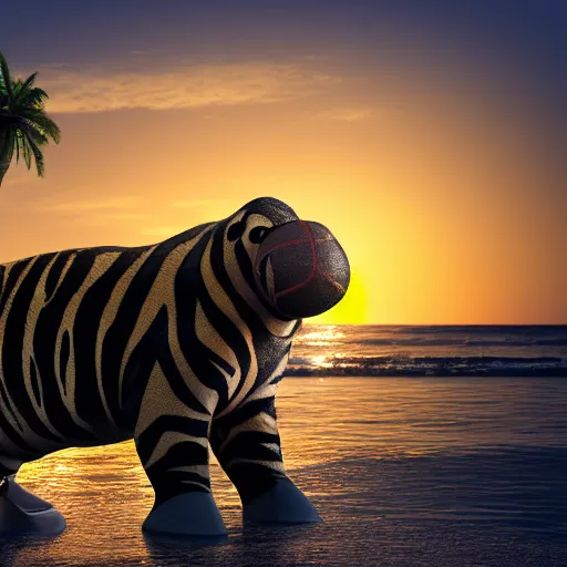 Image similar to a closeup photorealistic photograph of a cute smiling knitted tiger hippopotamus chasing a beachball at sunset. surf in the background. professional capture. this 4 k hd image is trending on artstation, featured on behance, well - rendered, extra crisp, features intricate detail, epic composition and the style of unreal engine.