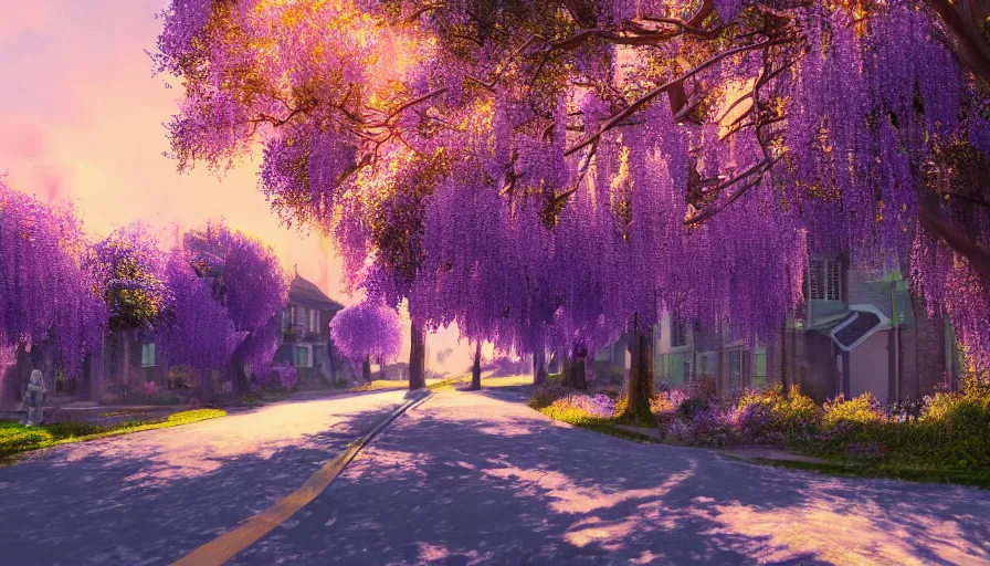 Image similar to landscape of a beautiful street full of wysteria flowers, purple lighting, sunset, dusk. old houses by the roads and fir trees. hyper detailed, artstation cgsociety, 8 k