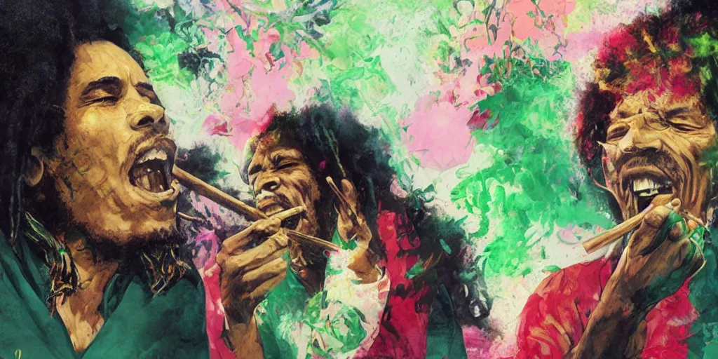 Prompt: Bob Marley and Jimi Hendrix smoking herb, very detailed, Green Smoke, large white border, hd, high resolution print :1 Red, Gold and Green by Sachin Teng, Tom Bagshaw, Greg Rutkowski, Carne Griffiths, trending on deviant art :1