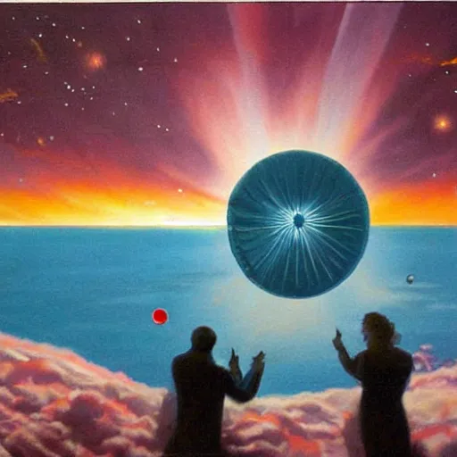 Prompt: giant umbrella in space is blocking the sun, seen from earth, art deco painting