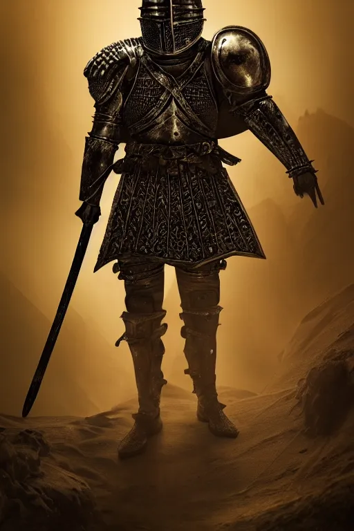 Image similar to the king in the desert, Medieval Warrior fighting in a dark scene, detailed scene, standing in a heroid figure, Armour and Crown, highly detailed, blood and dust in the air, action scene, cinematic lighting, dramatic lighting, trending on artstation, elegant, intricate, character design, motion and action and tragedy, fantasy, D&D, highly detailed, digital painting, concept art