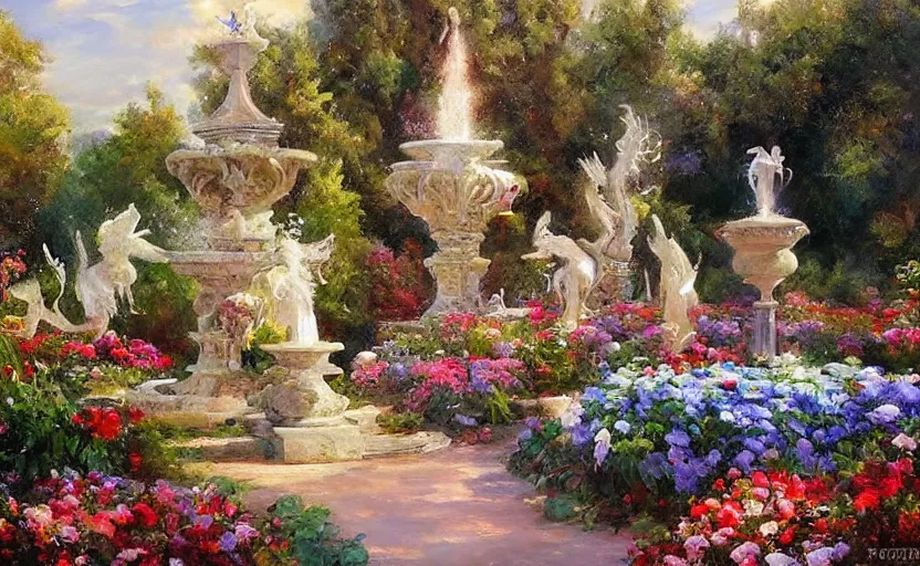 Image similar to Beautiful garden, next to a fountain and a mystical palace. By Konstantin Razumov, horror scene, highly detailded