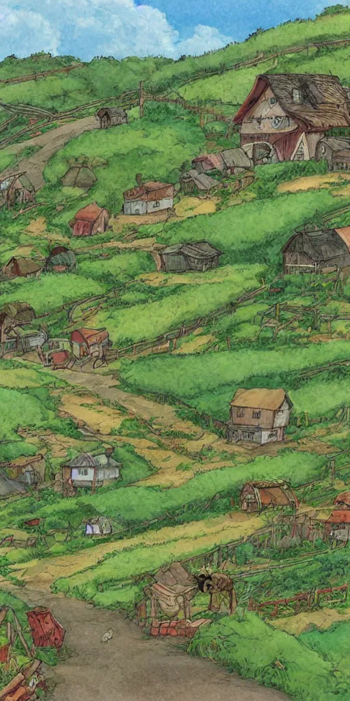 Image similar to Farm on the hillside containing various crops and fruits, landscape, very detailed, art by Studio Ghibli