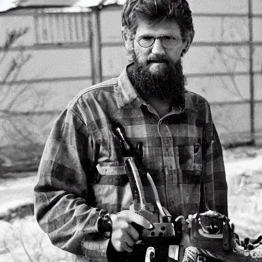 Prompt: Ted Kaczynsky with a chainsaw