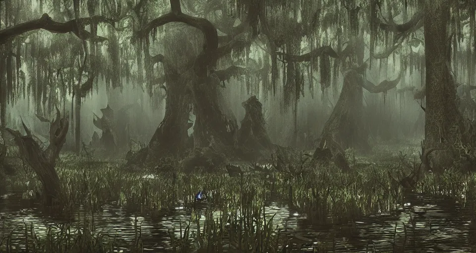 Prompt: A dense and dark enchanted forest with a swamp, from Final fantasy