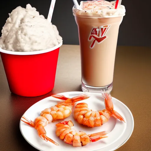 Image similar to a kfc milkshake next to a shrimp wearing a dress, on a beautiful plate, food photography, studio lighting, hyper realistic, sharp focus, hyper - detailed, 8 k resolution