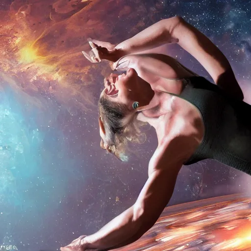 Image similar to female yoga instructor holding planet in space, trending on art station, 8 k