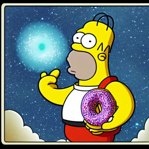 Prompt: homer simpsons eating a universe donut