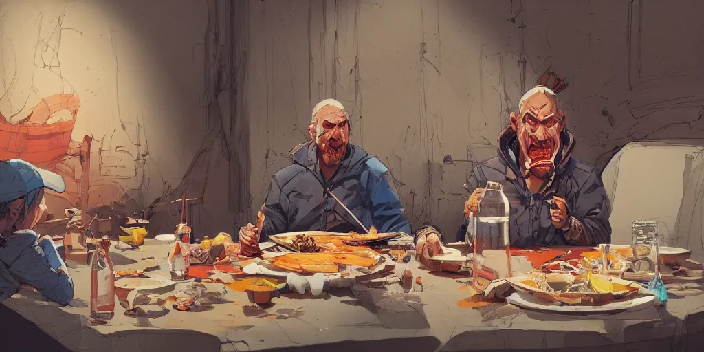 Image similar to cartoonish neil young eating dinner, vivid colors, character sheet, fine details, concept design, contrast, kim jung gi, greg rutkowski, trending on artstation, 8 k, full body, turnaround, front view, back view, ultra wide angle