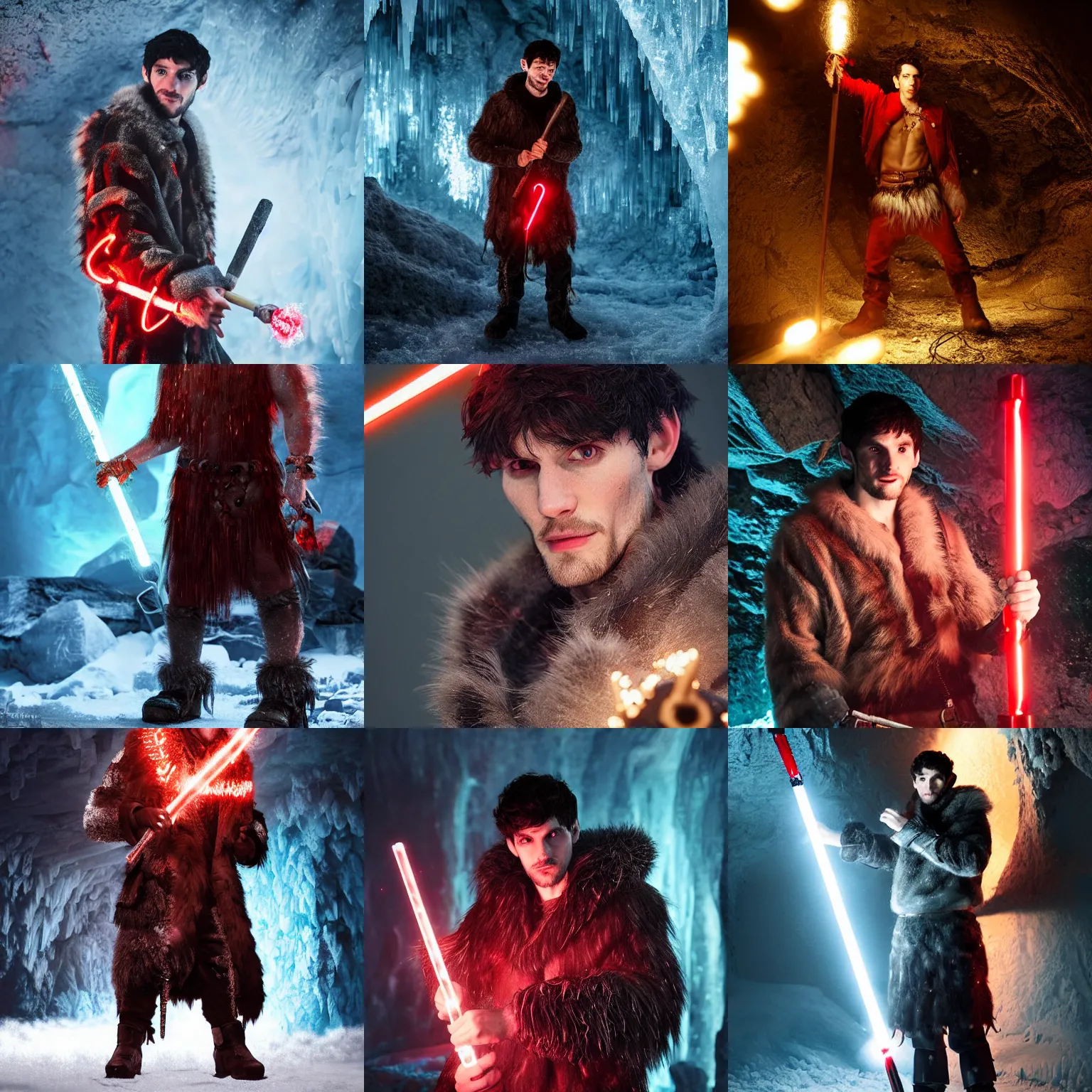 Prompt: Colin Morgan wearing a fur barbarian tunic holding a glowing red magical wand with electrical bolts emitting from it. In a cave made of ice. Trending on Artstation, octane render, ultra detailed, art by Ross tran