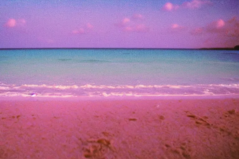 Image similar to a vintage family holiday photo fuji kodak of an empty beach shore with pastel pink iridescent!! sand and reflective metallic water and sunbathing equipment at dusk. refraction, volumetric, light haze.