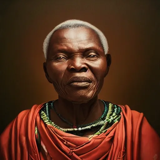 Image similar to a painting of a elegant wise elder from Kenya by Kehinde Wiley . dramatic angle, ethereal lights, details, smooth, sharp focus, illustration, realistic, cinematic, artstation, award winning, rgb , unreal engine, octane render, cinematic light, macro, depth of field, blur, red light and clouds from the back, highly detailed epic cinematic concept art CG render made in Maya, Blender and Photoshop, octane render, excellent composition, dynamic dramatic cinematic lighting, aesthetic, very inspirational, arthouse.