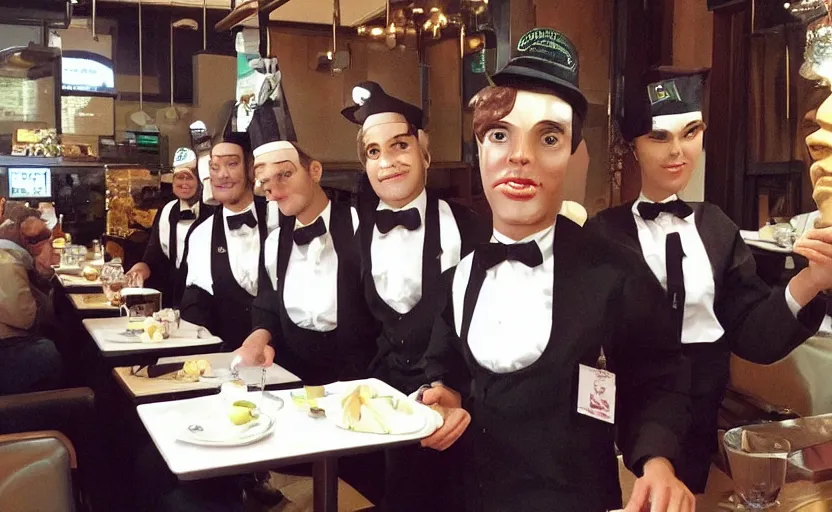 Image similar to “greedy waiters forcing you to tip, 4k, award winning, highly detailed faces”