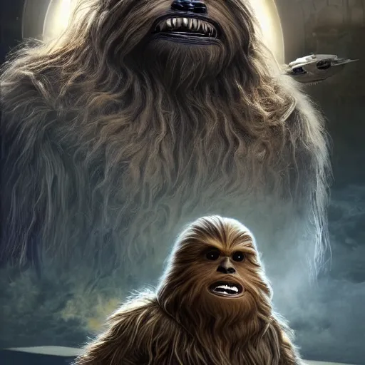 Image similar to warren buffet as a wookie from star wars riding a camel with han solo, ultra realistic, concept art, intricate details, eerie, haunting, highly detailed, photorealistic, octane render, 8 k, unreal engine. art by artgerm and greg rutkowski and charlie bowater and magali villeneuve and alphonse mucha