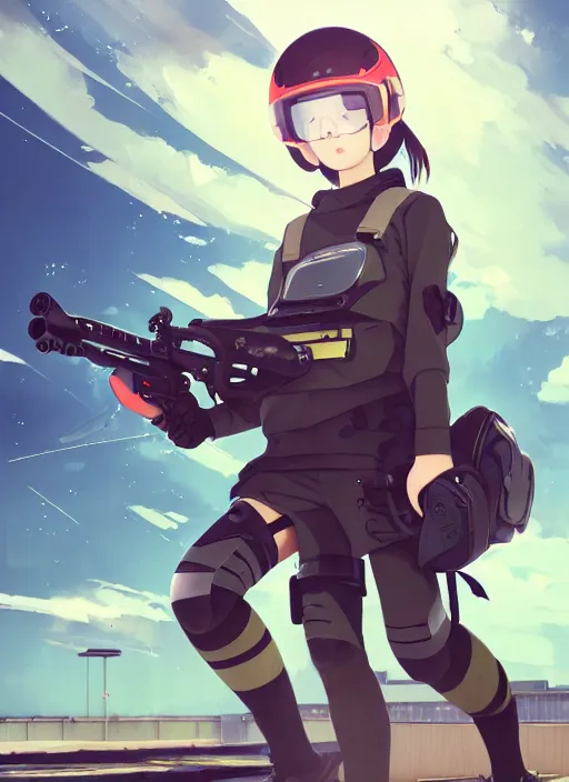 Prompt: a speedqb player girl, hangar roof background, paintball arena landscape, illustration, concept art, anime key visual, trending pixiv fanbox, by wlop and greg rutkowski and makoto shinkai and studio ghibli and kyoto animation, symmetrical facial features, paintball goggles mask, colorful airsoft gun, hockey clothing, military carrier rig, realistic anatom