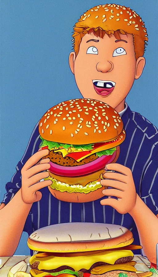 Prompt: nickelodeons doug eating a hamburger 1 9 9 1. portrait by jean giraud and anton otto fischer