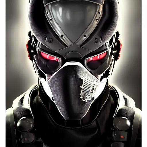 Image similar to studio headshot portrait, cybernetic ninja, symmetric cyberpunk ninja mask by yoji shinkawa, high detail, accurate, moebius style, inspired by metal gear solid and cyberpunk 2 0 7 7