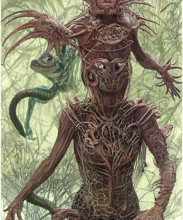 Prompt: a portrait photograph of a muscular sadie sink as a strong alien harpy queen with slimy amphibian skin. she is trying on a colorful bulbous infected slimy organic membrane parasite catsuit and transforming into an insectoid amphibian. by donato giancola, walton ford, ernst haeckel, brian froud, hr giger. 8 k, cgsociety