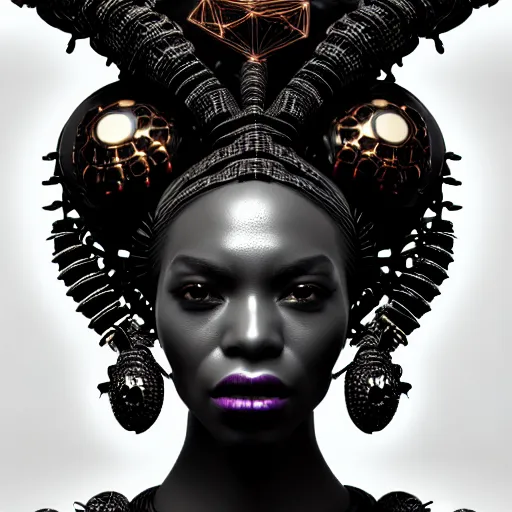 Image similar to portrait of an absurdly beautiful, graceful, sophisticated, fashionable black cyberpunk mechanoid gravure idol, hyperdetailed illustration by irakli nadar, maria borges, matt wisniewski style, intricate linework, dark black skin, neon jellyfish headdress, ivory carved ruff, unreal engine 5 highly rendered, global illumination, radiant light, detailed and intricate environment