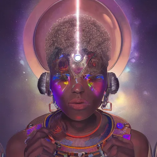 Prompt: afrofuturistic techno - mage uploading ancestral knowledge to the uni - mind interface, dark fantasy, occult, high - quality surrealist painting, artstation