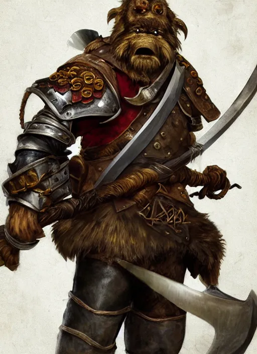 Image similar to photorealistic bugbear ranger holding sword on fire, magic, black beard, dungeons and dragons, pathfinder, roleplaying game art, hunters gear, jeweled ornate leather and steel armour, concept art, character design on white background, by sargent, norman rockwell, makoto shinkai, kim jung giu, artstation trending, poster art, colours red