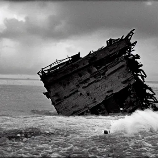 Image similar to shipwreck in thunderstorm, movie still, cinematic Eastman 5384 film