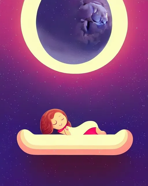 Image similar to beautiful painting of little girl sleeping on her flying bed, moon, art by petros afshar, sky night, illustration, highly detailed, simple, smooth and clean vector curves, no jagged lines, vector art, smooth, artstation
