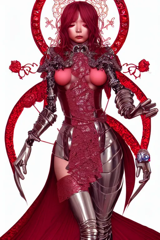 Prompt: highly detailed artstation character design of armor witch 8 k metahuman, hajime sorayama, red long wavy red velvet rose wrap, lace dress, terada katsuya, clear symmetrical face, game assets, swarovski, unreal engine, sharp focus, jewelry iridescent, illustration, alphonse mucha