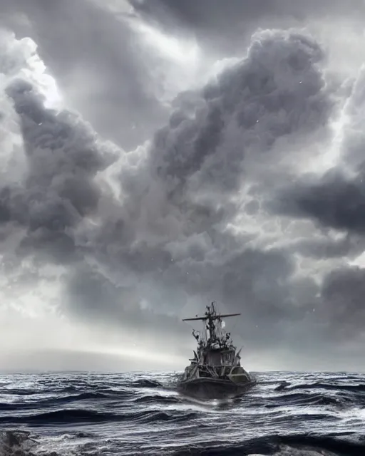 Image similar to establishing shot of a fishing boat on stormy seas, a gigantic star destroyer spaceship in the storm clouds flying overhead, star destroyer spaceship is emerging from storm clouds, stormy weather, dramatic lighting, unreal engine, hyper realism, realistic shading, cinematic composition, realistic render, octane render, detailed textures, photorealistic, ultrawide shot, 16mm lens