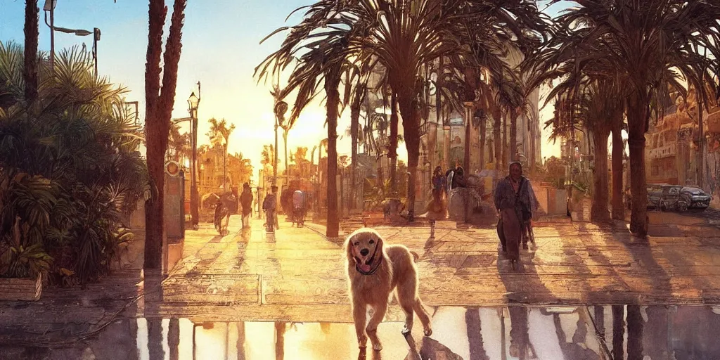 Prompt: golden retriever dog walking in tel aviv street looking at the camera. palm trees. realistic. sunset. high quality. digital art. watercolor. highly detailed. drawing. art. colorful. fluffy art by greg rutkowski and alphonse mucha