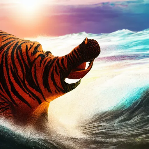 Image similar to a closeup photorealistic photograph of a cute smiling knitted tiger hippopotamus riding an epic wave at sunset. surf in the background. professional capture. brightly lit scene. this 4 k hd image is trending on artstation, featured on behance, well - rendered, extra crisp, features intricate detail, epic composition and the style of unreal engine.