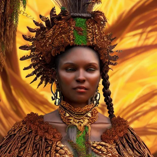 Prompt: a regal brown woman wearing an intricate dewdop armor. very detailed. woman is surrounded by lush green tropical forest. extremely photorealistic.