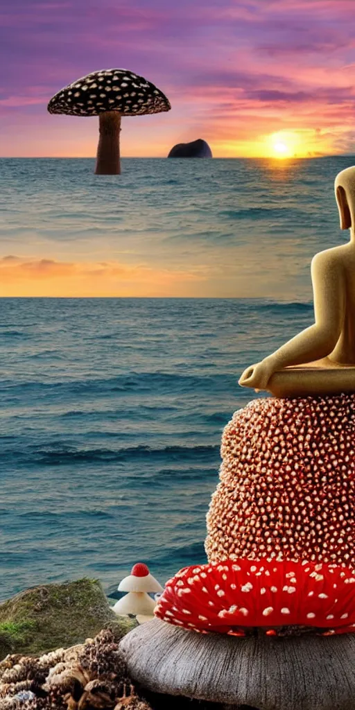 Prompt: a buddha sitting on top of a giant amanita muscaria mushroom, in front of the ocean, at sunset,