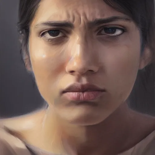 Prompt: a sad solo portrait. art by salman toor. faithfully depicted facial expression, perfect anatomy, sharp focus, global illumination, radiant light, detailed and intricate environment, trending on artstation