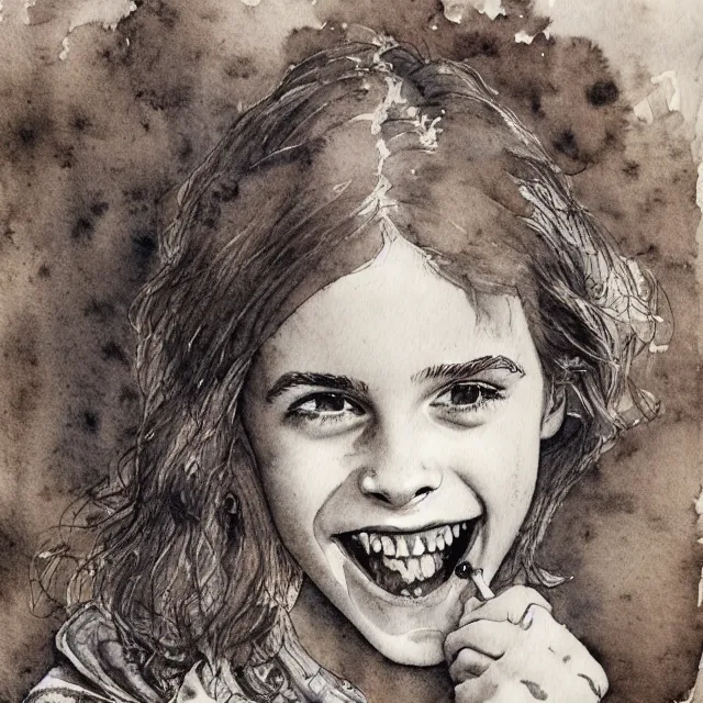 Prompt: a detailed, intricate watercolor and ink portrait illustration with fine lines of delighted, deliriously happy young 1 4 year old emma watson, laughing so hard, head throen back and mouth open with laughter, by arthur rackham and edmund dulac and lisbeth zwerger