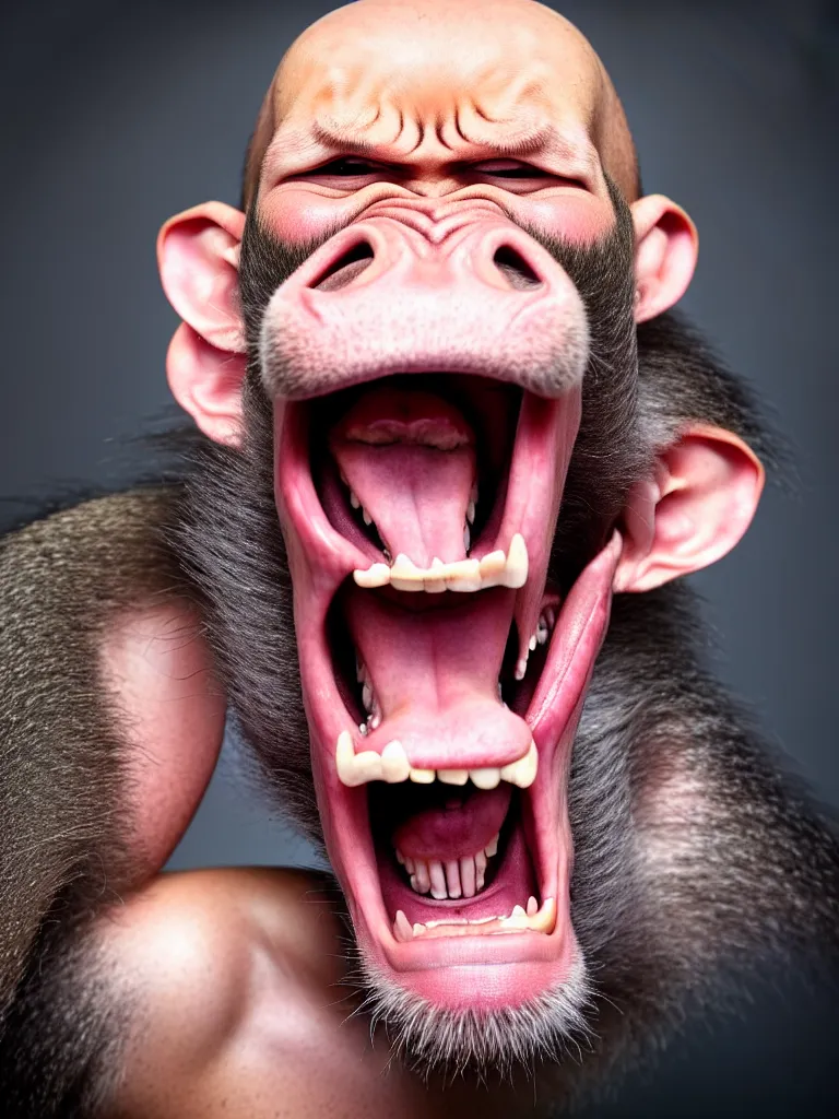 Image similar to a formal portrait photograph of a screaming man transforming into a hairless baboon