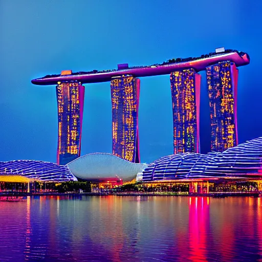 Prompt: broad brush stroke painting of the Marina Bay Sands in Singapore at dusk. By Paul Kratter, Beeple, Wayne Thiebaud, James Gurney. Digital art, CGSociety, Octane, Ultra detailed, Cinematic lighting.