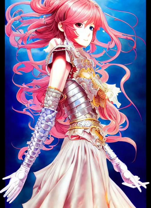 Image similar to exquisite imaginative fate manga poster of princess, long curl hair, armor, ruffles, by katsuhiro otomo, shigenori soejima, minaba hideo, jump comics, fluorescent, illustration, artstation, dark fantastic, highly detailed, 8 k, maximalist