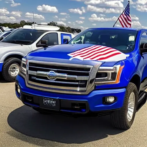 Image similar to photo of big blue biden pickup trucks with american flags on them. guns can be seen blaring out of the windows.