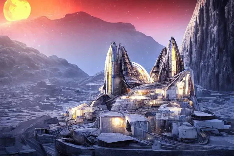 Prompt: favela twisting spaceship cathedral, snowy arctic environment, industrial factory, cliffs, peaks, bright, milky way, award winning art, epic dreamlike fantasy landscape, ultra realistic,