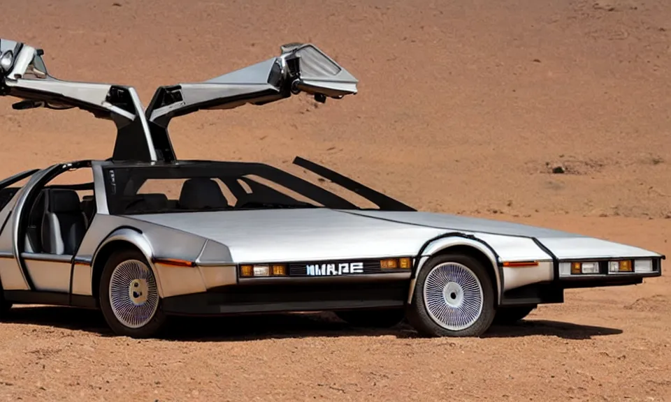 Prompt: photo of a delorean standing in the desert