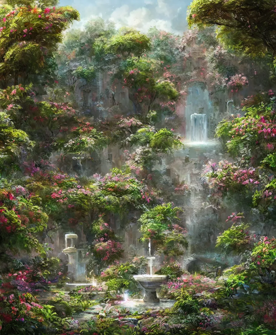 Prompt: Hyperrealistic Secret flower garden, water fountain, birds flying, fantasy, highly detailed, digital painting, trending artstation, concept art, illustration, art by Greg Rutkowski, octane render