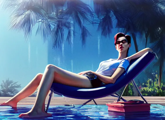 Image similar to closeup portrait of widowmaker relaxing in jeans and a t - shirt on a floating pool chair, sunny, bright, reflections, intricate, sharp focus, lens flare, bloom, illustration, highly detailed, digital painting, concept art, matte, art by ruan jia and wlop and greg rutkowski, masterpiece