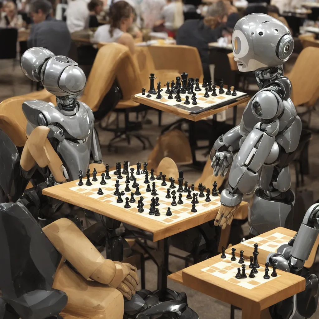 Image similar to clever robot playing chess sitting at a table