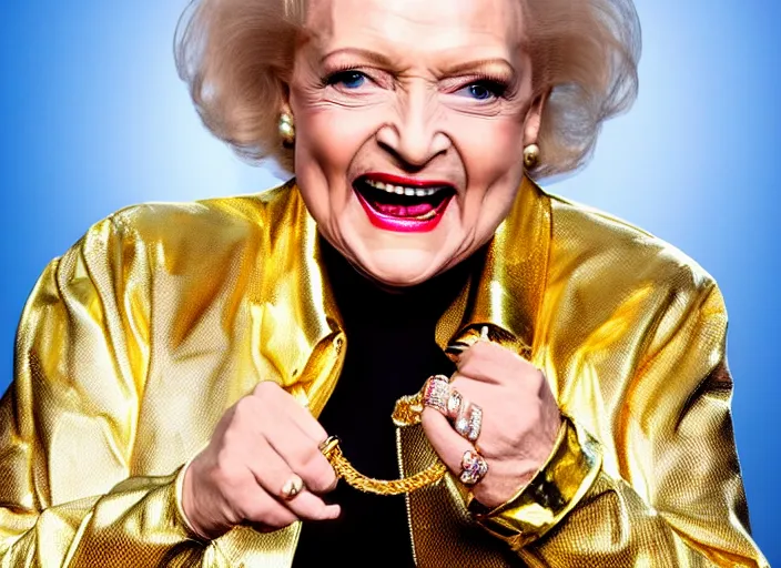 Image similar to publicity photo still of betty white as a gangsta rapper covered in gold chains, with grills in teeth and wearing a jumpsuit live on stage, 8 k, live concert lighting, mid shot