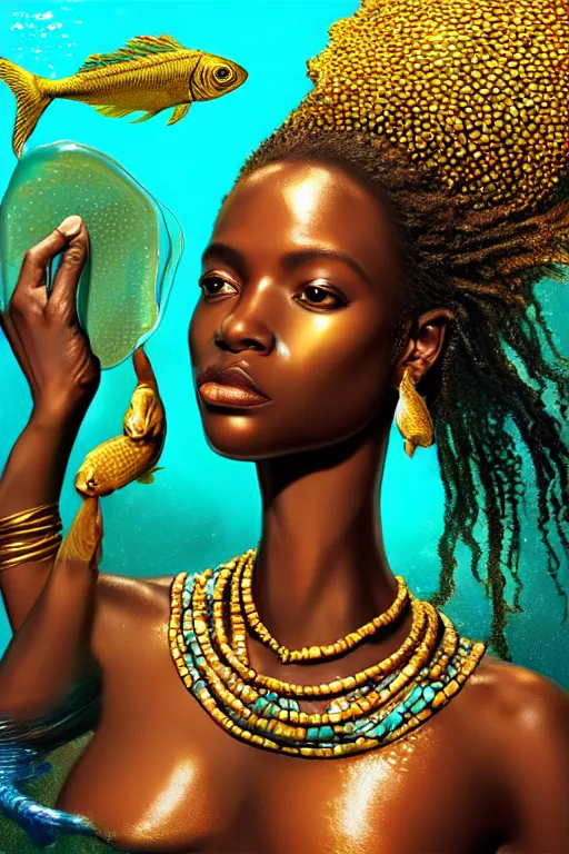 Prompt: hyperrealistic wide shot of very expressive! translucent!! african goddess, cinematic underwater scene with fish and algae, gold jewerly, highly detailed face, digital art masterpiece, eric zener cam de leon, dramatic pearlescent turquoise light on one side, low angle uhd 8 k, shallow depth of field