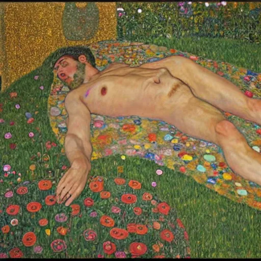 Image similar to a man laying in the sun, full body, Gustav Klimt painting